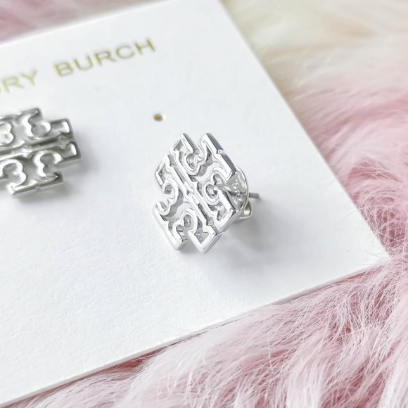 Tory Burch Silver Britten Logo Stud Earrings - Picture 3 of 3